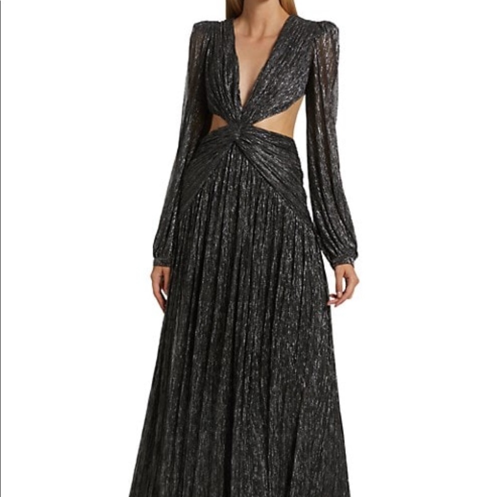 PATBO Silver plunge cut out, backless, formal gown or prom dress